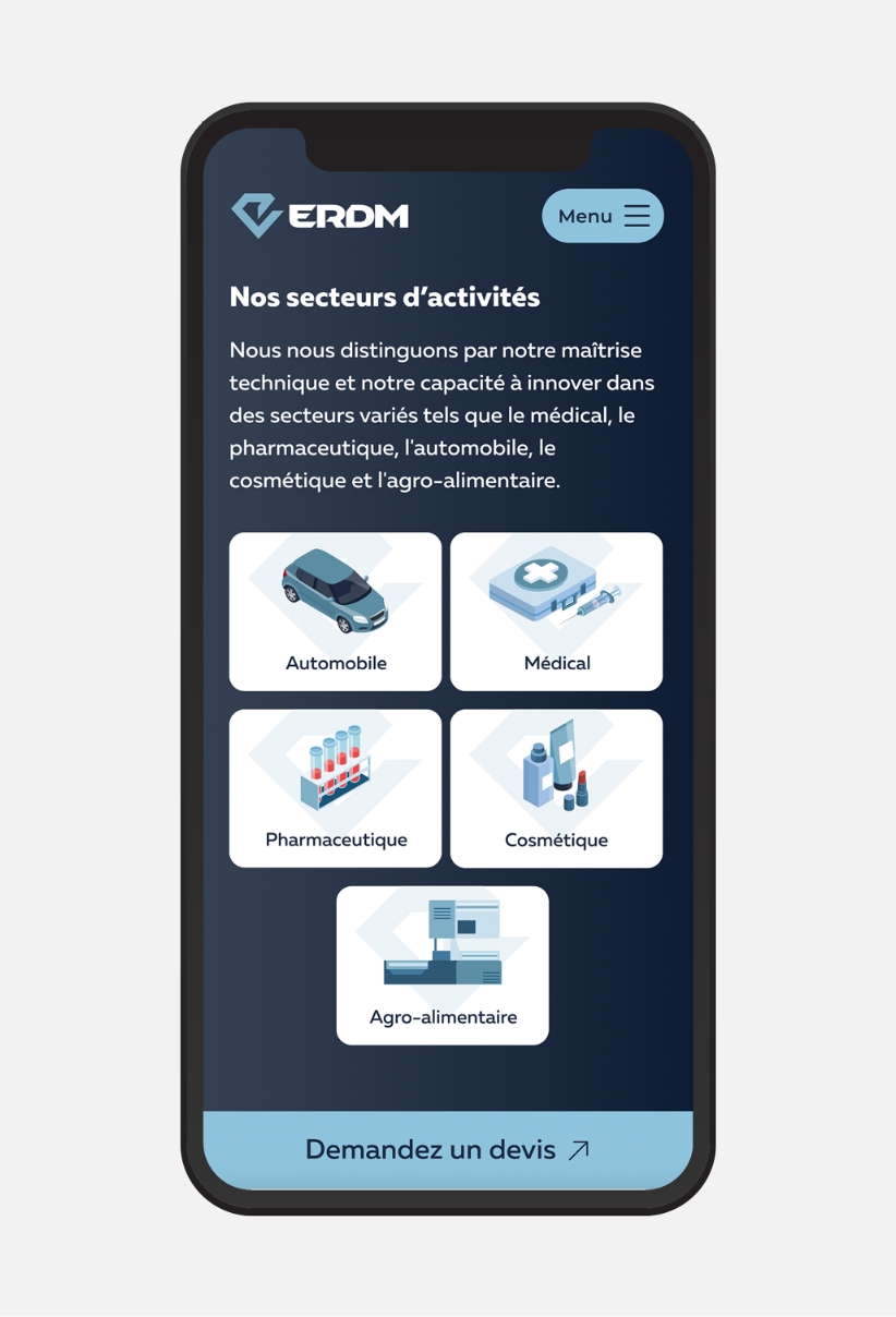 ERDM Industrie site internet page d'accueil mobile